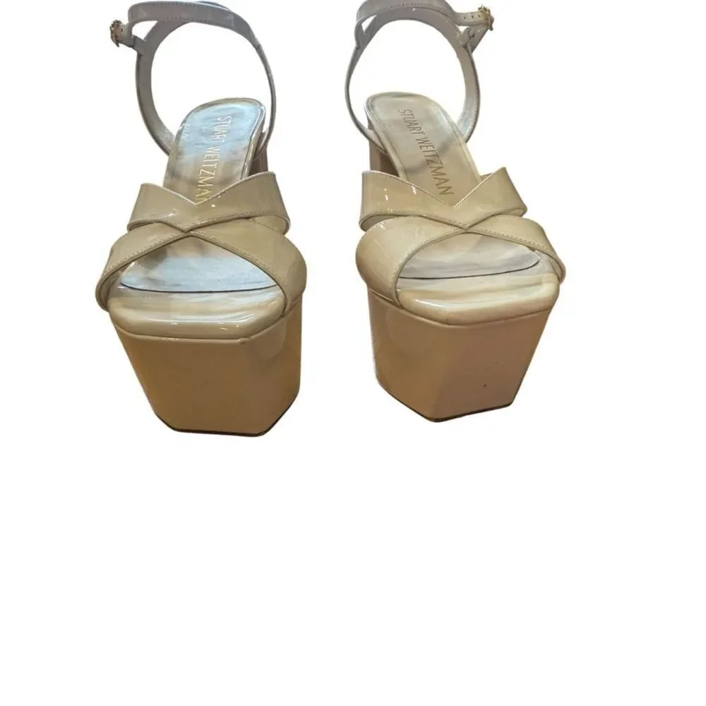 Stuart Weitzman Miami Square Toe Ivory Patent Leather Platform Sandals